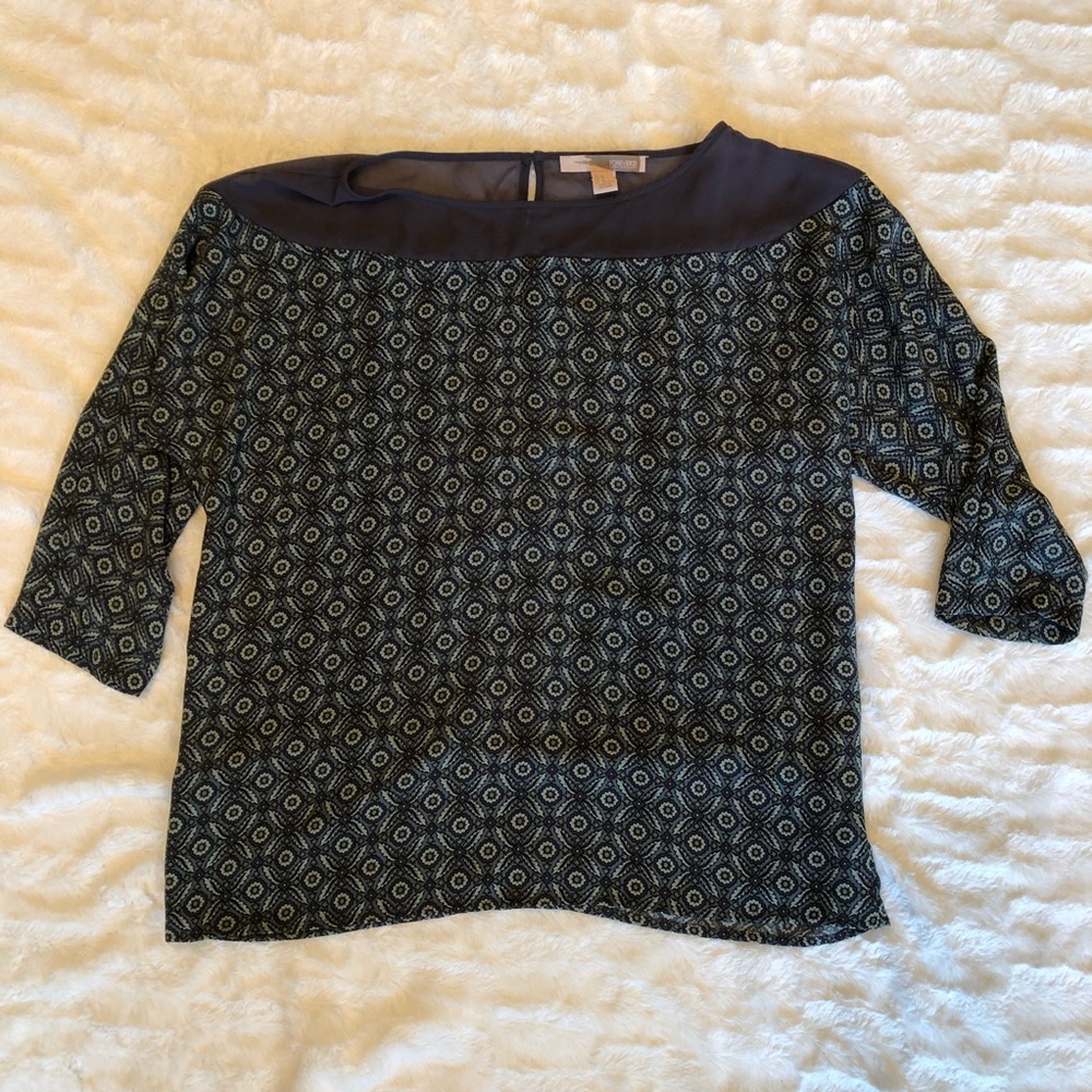 Patterned Blouse with Sheer Neck Detail